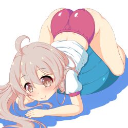 1girl ahoge ass back bad_id bad_pixiv_id ball blush brown_eyes brown_hair buruma closed_mouth ether_core exercise_ball female_focus gym_shirt hair_between_eyes highres loli long_hair looking_at_viewer mixed-language_commentary onii-chan_wa_oshimai! oyama_mahiro red_buruma shirt short_sleeves shorts sidelocks simple_background smile solo thighs white_background white_shirt rating:Questionable score:269 user:danbooru