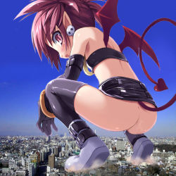  1girl ass city disgaea earrings etna_(disgaea) female_focus giant giantess haga_yui jewelry landscape loli no_panties photo_(medium) photo_background pointy_ears solo squatting tail thighhighs third-party_edit what wings  rating:Questionable score:82 user:danbooru