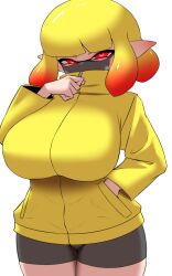  1girl absurdres agent_4_(splatoon) bike_shorts black_shorts blonde_hair breasts breath female_focus gradient_hair half-closed_eyes hand_in_pocket heavy_breathing highres huge_breasts inkling inkling_girl inkling_player_character jacket long_sleeves looking_at_viewer mask mouth_mask multicolored_hair nintendo orange_hair pero_(pero7762) pointy_ears red_eyes short_hair shorts simple_background solo splatoon_(series) standing tentacle_hair two-tone_hair white_background yellow_jacket  rating:Sensitive score:22 user:ImWastingMyLife