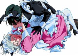  2boys alien_stage animal_ears apron black_dress black_gloves black_hair black_pantyhose black_shoes blush cat_ears closed_eyes commentary covering_another&#039;s_mouth crossdressing dress english_commentary frilled_apron frilled_dress frills gloves green_eyes grey_hair hand_on_another&#039;s_stomach high_heels highres ivan_(alien_stage) lying maid maid_headdress male_focus male_maid multiple_boys official_alternate_costume on_back open_mouth pantyhose pink_dress rabbit_ears shoes short_hair speakallpesky till_(alien_stage) white_apron white_pantyhose yaoi 