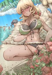  5girls aamondo animal ball barefoot beach beachball bikini bikini_bottom_aside black_eyes black_hair blonde_hair blush breasts brown_hair censored cleavage closed_eyes clothing_aside cloud coconut coconut_tree collarbone convenient_censoring flower green_bikini hair_flower hair_ornament innertube large_breasts long_hair multiple_girls navel ocean open_mouth original palm_tree peeing ponytail pussy red_flower relief sand short_hair side-tie_bikini_bottom side_ponytail sky spread_legs squatting starfish surprised swim_ring swimsuit tan teeth tree water wet 