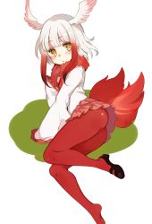  10s 1girl ass black_shoes female_focus gloves head_wings highres japanese_crested_ibis_(kemono_friends) kemono_friends long_hair long_sleeves looking_at_viewer lying multicolored_hair pantyhose paragasu_(parags112) red_gloves red_hair red_pantyhose red_skirt shoes single_shoe skirt solo tail two-tone_hair white_hair wings yellow_eyes  rating:Sensitive score:14 user:danbooru