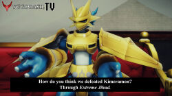  3d 3d_background armor caption church deviantart digimon dragon golden golden_arms helmet highres magnamon meme memri_tv red_eyes shoulder_armor v-mon wings 