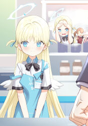  1girl 1other absurdres alternate_hairstyle angel&#039;s_24_uniform_(blue_archive) anger_vein apron blonde_hair blue_apron blue_archive blue_eyes blue_halo blue_ribbon blush bright_pupils clenched_hand collared_shirt commentary dress_shirt eyes_visible_through_hair forehead hair_between_eyes hair_ribbon halo highres id_card imagining indoors long_hair luizhtx mini_wings polo_shirt ribbon shirt solo_focus sora_(blue_archive) store_clerk straight_hair strap_slip two_side_up upper_body v_arms very_long_hair white_pupils white_shirt white_wings wings 