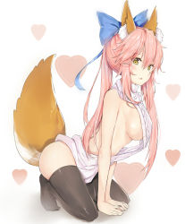  10s 1girl animal_ear_fluff animal_ears backless_dress backless_outfit bare_shoulders black_thighhighs blue_bow bow breasts dress fate/extra fate_(series) female_focus fox_ears fox_tail hair_bow highres kneeling long_hair looking_at_viewer medium_breasts meme_attire naked_sweater pink_hair sideboob silver_(chenwen) simple_background solo sweater tail tamamo_(fate) tamamo_no_mae_(fate/extra) thighhighs turtleneck turtleneck_sweater v_arms virgin_killer_sweater white_background white_sweater yellow_eyes  rating:Questionable score:36 user:danbooru