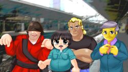  4boys animification black_eyes black_hair blonde_hair blue_eyes blunt_bangs brock_samson colored_skin covered_eyes crossover grey_hair helmet helmet_over_eyes highres higurashi_no_naku_koro_ni male_focus medium_hair multiple_boys necktie parody photo_background purple_eyes randy_marsh red_soldier_(tf2) ryuukishi07_(style) seymour_skinner short_hair soldier_(tf2) soldierburger south_park sprite style_parody team_fortress_2 the_simpsons the_venture_bros. yellow_skin 