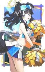  1girl absurdres animal_ears bare_arms bare_shoulders black_hair blue_archive blue_eyes blush border breasts cheerleader cleavage commentary_request cowboy_shot crop_top dog_ears dog_girl dog_tail drive_shot embarrassed eyewear_on_head from_side goggles goggles_on_head halo hibiki_(blue_archive) hibiki_(cheer_squad)_(blue_archive) highres holding holding_pom_poms large_breasts long_hair looking_at_viewer midriff millennium_cheerleader_outfit_(blue_archive) navel official_alternate_costume official_alternate_hairstyle open_mouth outside_border paw_print pom_pom_(cheerleading) pom_poms ponytail revision skirt solo standing star_sticker sticker_on_face tail thighs white_border white_skirt yellow_halo 