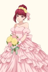  1girl alternate_costume alternate_hairstyle b_eaka bare_shoulders bleach blunt_bangs bouquet breasts cleavage closed_mouth collarbone commentary detached_sleeves dokugamine_riruka dress earrings eyelashes feet_out_of_frame film_grain flower frilled_dress frills gloves hair_bun hair_flower hair_ornament hair_ribbon happy highres holding holding_bouquet jewelry leaf long_dress looking_at_viewer medium_hair necklace pink_dress pink_flower pink_lips pink_ribbon pink_rose puffy_short_sleeves puffy_sleeves red_eyes ribbon rose short_sleeves simple_background single_hair_bun single_sidelock small_breasts smile solo standing strapless strapless_dress wedding_dress white_gloves yellow_background yellow_flower yellow_rose 