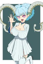  1girl absurdres blue_hair blush braid braided_bun breasts choker cleavage curled_horns darkkin dress fate/grand_order fate_(series) hair_bun highres horns jewelry large_breasts larva_tiamat_(fate) larva_tiamat_(first_ascension)_(fate) long_horns long_sleeves looking_at_viewer open_mouth pendant pink_eyes pointy_ears ribbed_dress smile solo symbol-shaped_pupils thighhighs tiamat_(fate) white_dress white_thighhighs x-shaped_pupils 