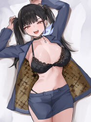  1girl :d absurdres arms_up black_bra black_choker black_hair black_jacket black_panties black_skirt blunt_bangs blush bra breasts brown_eyes choker collarbone commentary cowboy_shot earbuds earphones earrings english_commentary fang fiftya floral_print goddess_of_victory:_nikke gradient_background grey_background half-closed_eyes highres jacket jewelry large_breasts long_hair long_sleeves looking_at_viewer lying miniskirt mole mole_under_eye navel on_back open_clothes open_jacket open_mouth paid_reward_available panties panty_straps pencil_skirt pendant_choker print_bra side_slit single_earphone single_earring skirt smile snake_earrings solo sora_(nikke) stomach string_panties twintails two-tone_background underwear white_background 