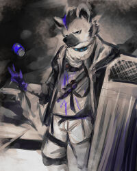  1boy arknights ballistic_shield black_hair black_jacket commentary_request ear_piercing eyebrow_piercing furry furry_male grey_fur grey_shirt highres hood hood_down hooded_jacket hyena_boy hyena_ears jacket looking_to_the_side male_focus multicolored_hair open_mouth piercing ruvisco shield shirt spot_(arknights) streaked_hair 