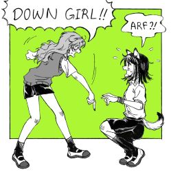  !? 2girls animal_ears barking collared_shirt commentary dog_ears dog_girl dog_tail down_boy!!_(meme) dress_shirt earrings english_text eye_contact flying_sweatdrops from_side full_body green_background greyscale_with_colored_background hoop_earrings index_finger_raised jewelry kemonomimi_mode kininatteru_hito_ga_otoko_ja_nakatta koga_mitsuki leaning_forward long_hair looking_at_another medium_hair meme miniskirt multiple_girls oosawa_aya open_mouth paw_pose pointing pointing_down school_uniform shirt shoes short_sleeves shouting skirt socks speech_bubble squatting sweater_vest tail tektiortu uwabaki wavy_hair wristband 