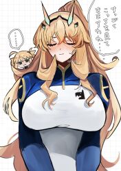  ... 710_ao artoria_caster_(fate) artoria_pendragon_(fate) barghest_(fate) barghest_(over_the_same_sky)_(fate) blonde_hair blush breasts chibi closed_eyes fate/grand_order fate_(series) highres horns huge_breasts long_hair one-piece_swimsuit ponytail sidelocks speech_bubble sweat swimsuit very_long_hair 