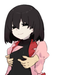  1girl black_eyes black_hair black_undershirt bob_cut breasts closed_mouth covered_erect_nipples empty_eyes grabbing_from_behind hair_between_eyes jacket lapels long_sleeves looking_at_viewer molestation monogatari_(series) naoetsu_high_school_uniform narrowed_eyes notched_lapels oshino_ougi pale_skin pink_jacket red_trim school_uniform shirt short_hair simple_background small_breasts smile tsugumi_(tgm_615486) upper_body very_long_sleeves white_background 