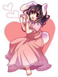 01jou 1girl animal_ears barefoot black_hair carrot feet female_focus full_body heart heart_hands inaba_tewi onoe_junki open_mouth rabbit_ears red_eyes short_hair solo tail touhou white_background 