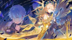  3boys absurdres alternate_form antenna_hair armor asymmetrical_wings bare_pectorals black_choker black_shirt black_wings blonde_hair blue_eyes choker cracked_skin flame_reaver_of_the_deepest_dark hair_between_eyes halo halo_behind_head highres holding holding_sword holding_weapon honkai:_star_rail honkai_(series) kanangnsn male_focus material_growth multiple_boys multiple_persona neck_tattoo parted_bangs pauldrons pectorals phainon_(honkai:_star_rail) phainon_(khaslana)_(honkai:_star_rail) shirt short_hair shoulder_armor single_pauldron sun_symbol sun_tattoo sword tan tattoo torn_clothes torn_shirt weapon white_hair wings yellow_blood yellow_eyes yellow_wings 