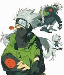  1boy alternate_hair_length alternate_hairstyle black_gloves chibi commentary_request crossed_arms english_text fingernails gloves grey_hair hatake_kakashi heterochromia hex_6shui highres konohagakure_symbol long_hair long_sleeves male_focus mask mouth_mask naruto_(series) ninja_mask one_eye_closed pants sharingan speech_bubble squatting vest 