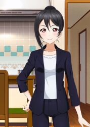  1girl arm_at_side black_hair black_pants black_suit blush breasts chair closed_mouth collarbone dining_room door formal_clothes hair_between_eyes hair_bun hand_on_own_hip indoors kitchen long_sleeves looking_at_viewer love_live! love_live!_school_idol_festival love_live!_school_idol_project mature_female medium_breasts open_clothes open_hand pants pink_lips red_eyes shirt single_hair_bun smile solo suit table tachi-e tile_wall tiles white_shirt wooden_chair wooden_table yazawa_nico&#039;s_mother 