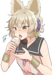  1girl bare_shoulders blonde_hair blush bracelet commentary_request dress earmuffs flying_sweatdrops food gold_bracelet hair_between_eyes hands_up highres holding holding_food holding_ice_cream ice_cream ice_cream_cone jewelry licking looking_at_food momitoekk neck_ribbon open_mouth pink_dress pointy_ears purple_ribbon ribbon sailor_collar short_hair simple_background sleeveless sleeveless_dress solo sweatdrop teeth tongue tongue_out touhou toyosatomimi_no_miko upper_body white_background yellow_eyes 