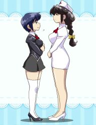  2girls absurdres agent_aika aika_(series) black_delmo black_hair blue_hair blush braid braided_ponytail breasts brown_eyes closed_eyes closed_mouth delmogeny_uniform hat highres kuroyoshi long_hair looking_at_another medium_breasts miniskirt multiple_girls nurse nurse_cap short_hair skirt thighhighs white_thighhighs 