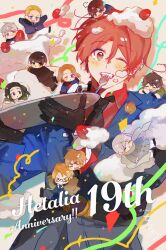  &gt;_&lt; 6+boys ahoge america_(hetalia) anniversary arms_up artist_name axis_powers_hetalia back belt black-framed_eyewear black_belt black_eyes black_gloves black_hair black_jacket black_necktie black_pants black_shoes blonde_hair blue_jacket blush brothers brown_eyes brown_hair brown_jacket brown_pants buttons cake china_(hetalia) cino1221 clenched_hands closed_eyes closed_mouth cloud coat collared_shirt confetti cowboy_shot english_text falling food food_on_face fork formal_clothes france_(hetalia) fruit fur-trimmed_jacket fur_trim germany_(hetalia) glasses gloves green_shirt grey_coat grey_hair grey_jacket grey_pants grey_scarf hair_between_eyes hands_up highres holding holding_food holding_plate jacket japan_(hetalia) lapels leg_up long_hair long_sleeves looking_at_another looking_at_viewer low_ponytail lying male_focus military_jacket military_uniform mini_person miniboy multiple_boys necktie northern_italy_(hetalia) on_back on_stomach one_eye_closed pants pink_eyes plate ponytail prussia_(hetalia) purple_eyes purple_necktie red_jacket red_sash red_shirt russia_(hetalia) sash scarf semi-rimless_eyewear shadow shirt shoes short_hair siblings sidelocks simple_background sitting sleeping smile southern_italy_(hetalia) spain_(hetalia) sparkle standing standing_on_one_leg star_(symbol) strawberry suit suit_jacket sweat sweatdrop teeth twins united_kingdom_(hetalia) v-shaped_eyebrows white_background white_pants white_sash white_shirt 