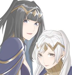 2girls ao_saryaruhu ass black_bra black_eyes black_hair black_nails bodysuit bra bracelet breasts cleavage_cutout cloak clothing_cutout cosplay covered_navel crossed_legs female_focus fingernails fire_emblem fire_emblem_awakening foot_up hand_on_another&#039;s_hip happy height_difference high_heels hime_cut intelligent_systems invisible_chair jewelry knees large_breasts legs light_blush loincloth long_hair looking_at_viewer matching_hair/eyes medium_breasts multiple_girls nail_polish nintendo open_mouth parted_lips revealing_clothes robin_(female)_(fire_emblem) robin_(fire_emblem) see-through_bodysuit see-through_clothes short_twintails sidelocks sitting smile swept_bangs tharja_(fire_emblem) tharja_(fire_emblem)_(cosplay) thighlet thighs tiara tongue tongue_out twintails underwear upper_body white_hair