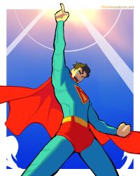  1boy arm_up artist_name batm_andrew black_hair blue_bodysuit blue_eyes blue_sky bodysuit border briefs cape clenched_hand dc_comics dynamic_pose highres light_rays looking_at_viewer male_focus male_underwear open_mouth outside_border outstretched_arm pointing pointing_up red_cape short_hair sky solo sun sunbeam sunlight superhero_costume superman superman_(series) teeth tongue underwear upper_teeth_only white_border 
