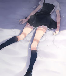  1girl after_rape aftersex black_hair black_socks blush cum cum_on_body cum_on_clothes dress female_focus grey_eyes hair_ribbon highres looking_at_viewer murakami_suigun original pinafore_dress pleated_skirt ribbon rope_marks school_uniform short_hair skirt sleeveless_dress socks solo  rating:Explicit score:293 user:danbooru