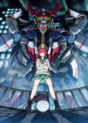  1girl 85neko absurdres amate_yuzuriha beanie black_boots black_hat boots building commentary_request cowboy_shot crossed_arms full_body gquuuuuux green_eyes green_shirt green_skirt grey_socks grey_sweater gunbuster_pose gundam gundam_gquuuuuux haro hat highres mecha miniskirt mobile_suit night outdoors pleated_skirt red_hair robot science_fiction shirt skirt skyscraper socks standing sweater 