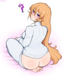 1girl ? afrobull artist_name ass back blonde_hair blush butt_crack dimples_of_venus eyes_visible_through_hair female_focus full_body hair_between_eyes highres kneeling long_hair long_sleeves looking_at_viewer looking_back nakiri_erina on_bed pajamas purple_eyes shokugeki_no_souma simple_background solo very_long_hair watermark white_background rating:Questionable score:326 user:danbooru