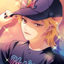  1boy absurdres aged_down baseball_cap baseball_uniform birthmark bishounen black_hat black_nails black_shirt blonde_hair clm13sh9 dio_brando ear_birthmark hat highres jojo_no_kimyou_na_bouken long_hair phantom_blood red_eyes shirt smile solo sportswear 