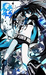  1girl anzu_(anzuhan) belt bikini bikini_top_only black_bikini black_hair black_jacket black_nails black_rock_shooter black_rock_shooter_(character) black_shorts blue_eyes character_name colored_skin commentary feet_out_of_frame grey_belt hair_between_eyes highres jacket long_hair open_clothes open_jacket parted_lips scar short_shorts shorts solo swimsuit twintails uneven_twintails white_skin 