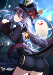 1girl absurdres ass black_headwear black_shorts brown_hair bug butterfly cowboy_shot flower from_behind genshin_impact ghost highres hu_tao_(genshin_impact) bug long_sleeves looking_at_viewer night night_sky red_eyes short_shorts shorts sky smile solo tailcoat tree wide_sleeves wind wind_lift yutoriko_(candy0905) rating:Sensitive score:32 user:danbooru
