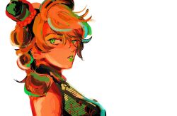  1girl braid breasts cone_hair_bun double_bun green_eyes green_hair green_lips green_tank_top hair_bun highres jojo_no_kimyou_na_bouken kuujou_jolyne looking_at_viewer makeup motunikomi multicolored_hair orange_hair parted_lips solo spider_web_print stone_ocean tank_top two-tone_hair upper_body white_background 