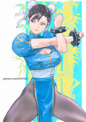  1girl amatiz bamboo bracelet bun_cover capcom china_dress chinese_clothes chun-li cleavage_cutout clothing_cutout commentary double_bun dress hair_bun highres jewelry pantyhose pelvic_curtain puffy_short_sleeves puffy_sleeves short_sleeves solo spiked_bracelet spikes street_fighter watermark web_address 