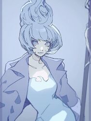  1girl animification blue_fire blue_hair blue_lips closed_mouth disneyland dress fiery_hair fire formal_clothes gloves kyou_o lipstick long_sleeves looking_at_viewer makeup ms._hades short_hair simple_background solo suit 