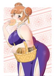  1girl ass bare_shoulders basket breasts brown_eyes brown_hair donut double_bun dress eating food from_side hair_bun hair_ornament highres holding holding_basket huge_ass large_breasts laufen_(sousou_no_frieren) plump short_hair sleeveless sleeveless_dress solo sousou_no_frieren standing thick_arms thigh_slit toyishiki_shizuoka 