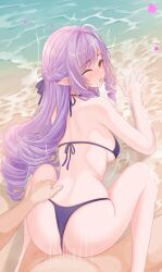  1boy 1girl ahoge beach bikini bikini_bottom_aside breasts clothing_aside commentary_request feet_out_of_frame from_behind grabbing_from_behind heart hetero highres long_hair medium_breasts motion_lines one_eye_closed outdoors paid_reward_available pointy_ears purple_bikini purple_eyes red_eyes sex sex_from_behind sitting speed_lines swimsuit vaginal very_long_hair vivian_banshee wariza water welo zenless_zone_zero 