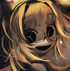  :d absurdres autooohyo black-framed_eyewear black_eyes blonde_hair grey_background highres looking_at_viewer open_mouth original round_eyewear smile star_(symbol) tagme  rating:General score:1 user:danbooru