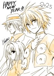  1girl 2025 2boys artist_name black_cat_(series) choker commentary_request eve_(black_cat) formal_clothes happy_new_year hat highres long_hair monochrome multiple_boys new_year official_art shirt short_hair signature simple_background sketch suit sven_vollfied train_heartnet white_background yabuki_kentarou 