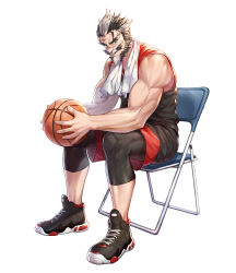  1boy absurdres ball basketball_(object) beard black_hair black_shirt black_shoes black_shorts chair commentary english_commentary facial_hair folding_chair green_eyes grey_hair highres holding holding_ball jersey king&#039;s_raid lagna muscular muscular_male mustache official_alternate_costume official_art old old_man on_chair red_shirt ricardo_(king&#039;s_raid) scar scar_on_face scar_on_forehead scar_on_nose shirt shoes shorts sitting sneakers towel towel_around_neck 