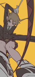  1girl absurdres black_jacket blonde_hair gloves green_eyes green_necktie highres holding holding_scythe jacket kogorooz looking_at_viewer maka_albarn necktie orange_background plaid_clothes plaid_skirt pleated_skirt red_skirt scythe shirt shoes skirt sneakers solo soul_eater twintails v-shaped_eyebrows white_gloves white_shirt 