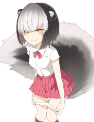  13o 1girl :&gt; black_hair collared_shirt highres holding holding_unworn_clothes knees_together_feet_apart looking_at_viewer multicolored_hair original panties pleated_skirt pocket red_ribbon red_skirt removing_panties ribbon school_uniform shirt short_sleeves skirt skunk skunk_ears skunk_tail solo standing two-tone_hair underwear white_background white_hair white_panties white_shirt yellow_eyes  rating:Questionable score:25 user:エヴィ