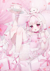  1girl animal_ears ass bare_shoulders blush bow breasts cake cat cleavage dress food frills full_body gradient_hair hair_ornament highres holding holding_tray large_breasts long_hair lying miko_suuuuu multicolored_hair on_back open_mouth original pink_dress pink_eyes pink_hair shoes smile socks thigh_strap tray very_long_hair white_hair white_socks wrist_cuffs 
