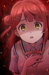  1girl akihitohappy blue_shirt blunt_bangs brown_eyes brown_hair brown_vest commentary_request empty_eyes hair_bun hair_ornament hairclip hand_on_own_chest highres love_live! love_live!_nijigasaki_high_school_idol_club neck_ribbon nijigasaki_school_uniform open_mouth partially_shaded_face red_background red_ribbon ribbon school_uniform shirt single_hair_bun solo uehara_ayumu vest yandere 