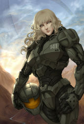  1girl armor blonde_hair cal-141 cloud female_focus full_armor halo_(game) halo_(series) halo_legends helmet hip_focus kuroi-tsuki lips power_armor power_suit science_fiction signature solo unworn_headwear unworn_helmet wide_hips yellow_eyes 