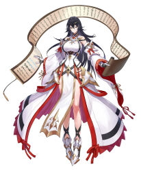  1girl absurdres black_hair breasts commission detached_sleeves dress full_body gloves highres holding holding_scroll long_hair looking_at_viewer mytea_(soso) original pelvic_curtain scroll simple_background skeb_commission tachi-e tassel white_background 