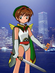  1990s_(style) brown_eyes brown_hair cardcaptor_sakura child crossdressing denkimorph dress gender_request genderswap kinomoto_sakura li_xiaolang short_hair sword weapon  rating:Sensitive score:2 user:Hanzz