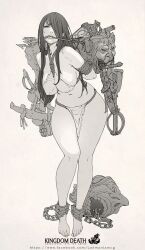  1girl arms_behind_back arrow_(projectile) barefoot bound bound_arms breasts chain commentary copyright_name cuffs english_commentary full_body gagged greyscale kingdom_death knife large_breasts loincloth lokman_lam long_hair monochrome navel one_eye_covered rope shackles sheath sheathed simple_background slave solo standing sweat sword watermark weapon web_address white_background 