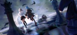  2girls absurdres bird black_jacket black_shoes black_skirt black_socks blue_hair board_game braid chess chess_piece cloud cloudy_sky crow dappled_sunlight facing_away flying grey_hair grey_sky highres holding_hands jacket kotomeiro low_twintails motion_blur multiple_girls original outdoors pawn_(chess) pleated_skirt queen_(chess) reflective_floor rook_(chess) running shirt shoes short_twintails side-by-side single_braid skirt sky socks sunlight tile_floor tiles twintails white_shirt 